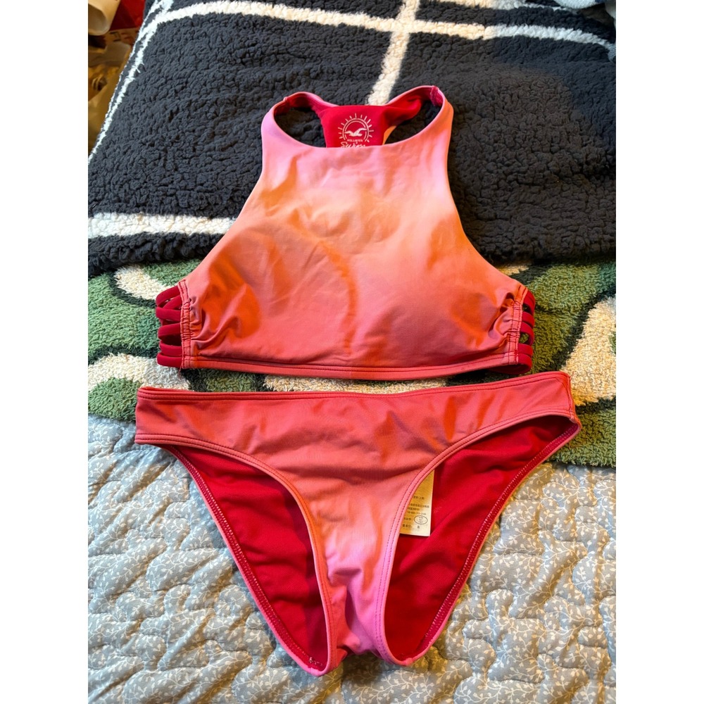 Hollister Swim Womens XS Pink Orange Ombre High Neck Bikini Set Caged Side Strap